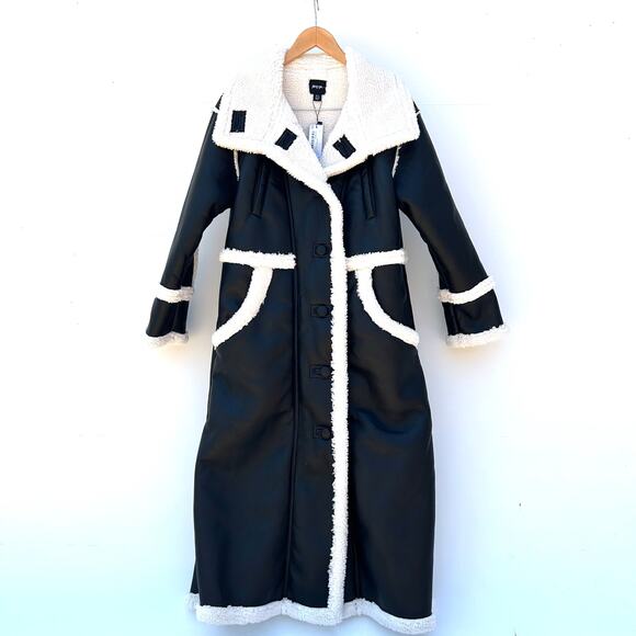 New Nasty Gal Longline Faux Leather Aviator Coat Jacket Black 4 Shearling - Picture 4 of 13